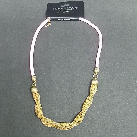 NWT Superstar Accessories Gold Tone Braided & Pink Necklace - Picture 1 of 3